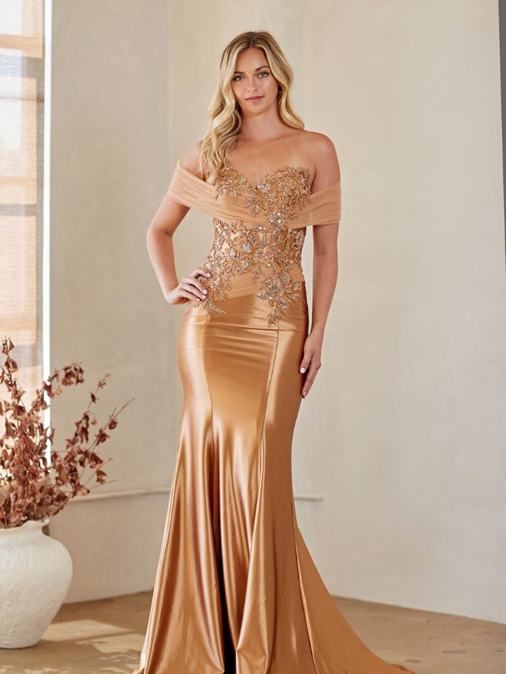 New Gold Off The Shoulder Fashion Forward Beaded Gown w/ Mermaid Cut AC 8074